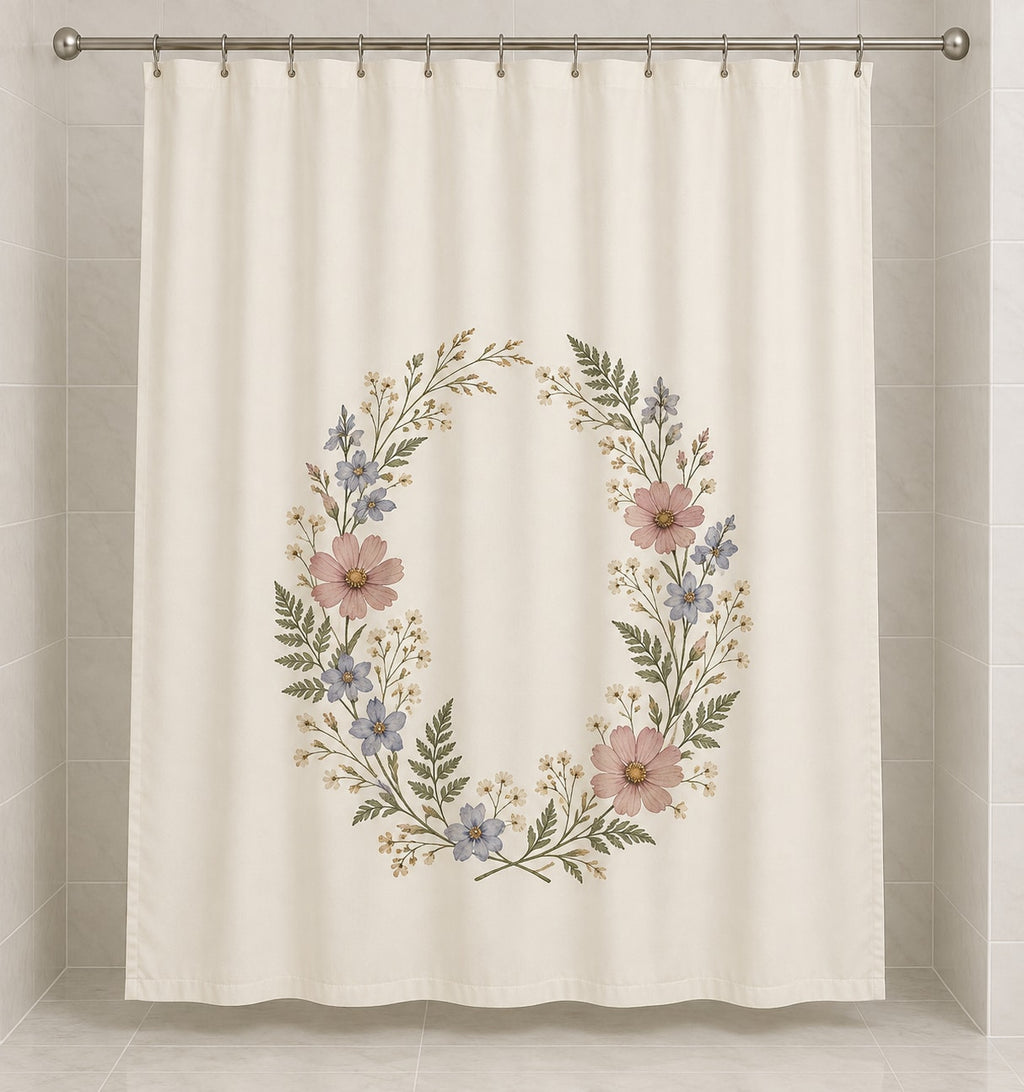 Pressed Flower Wedding Wreath Shower Curtain with dimensional printed themed artwork; representative AI-generated mockup.