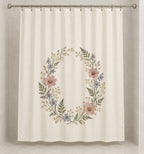 Pressed Flower Wedding Wreath Shower Curtain with dimensional printed themed artwork; representative AI-generated mockup.