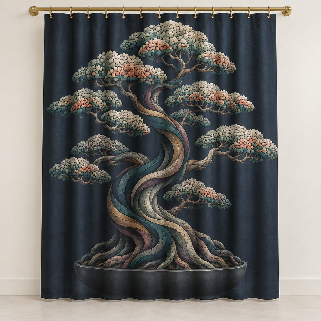 Midnight Bonsai Cloudrise Shower Curtain with dimensional printed themed artwork; representative AI-generated mockup.