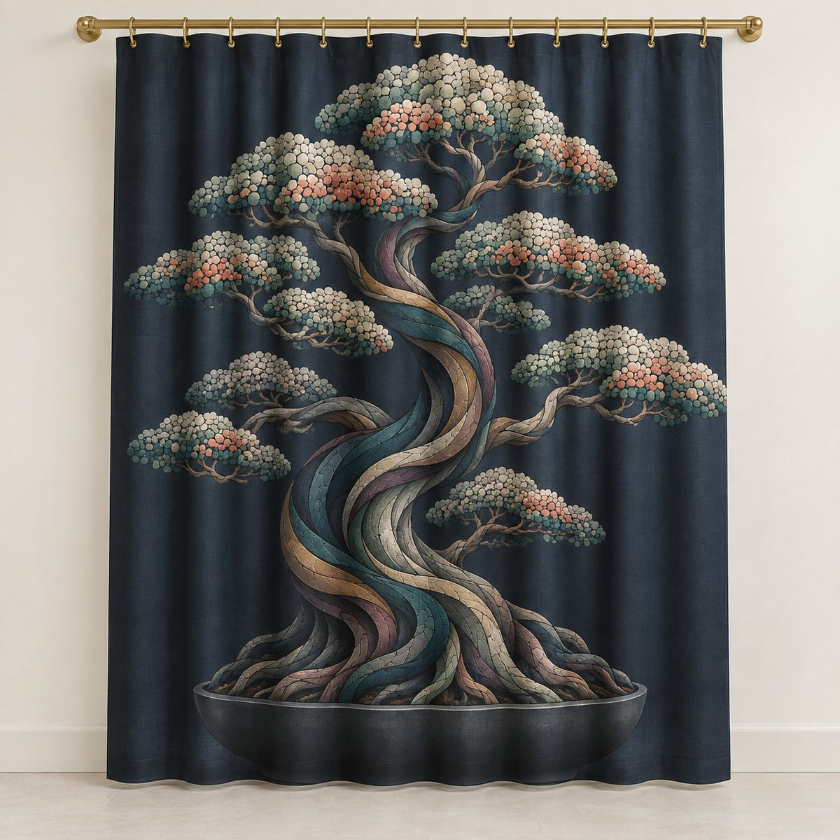 Midnight Bonsai Cloudrise Shower Curtain with dimensional printed themed artwork; representative AI-generated mockup.