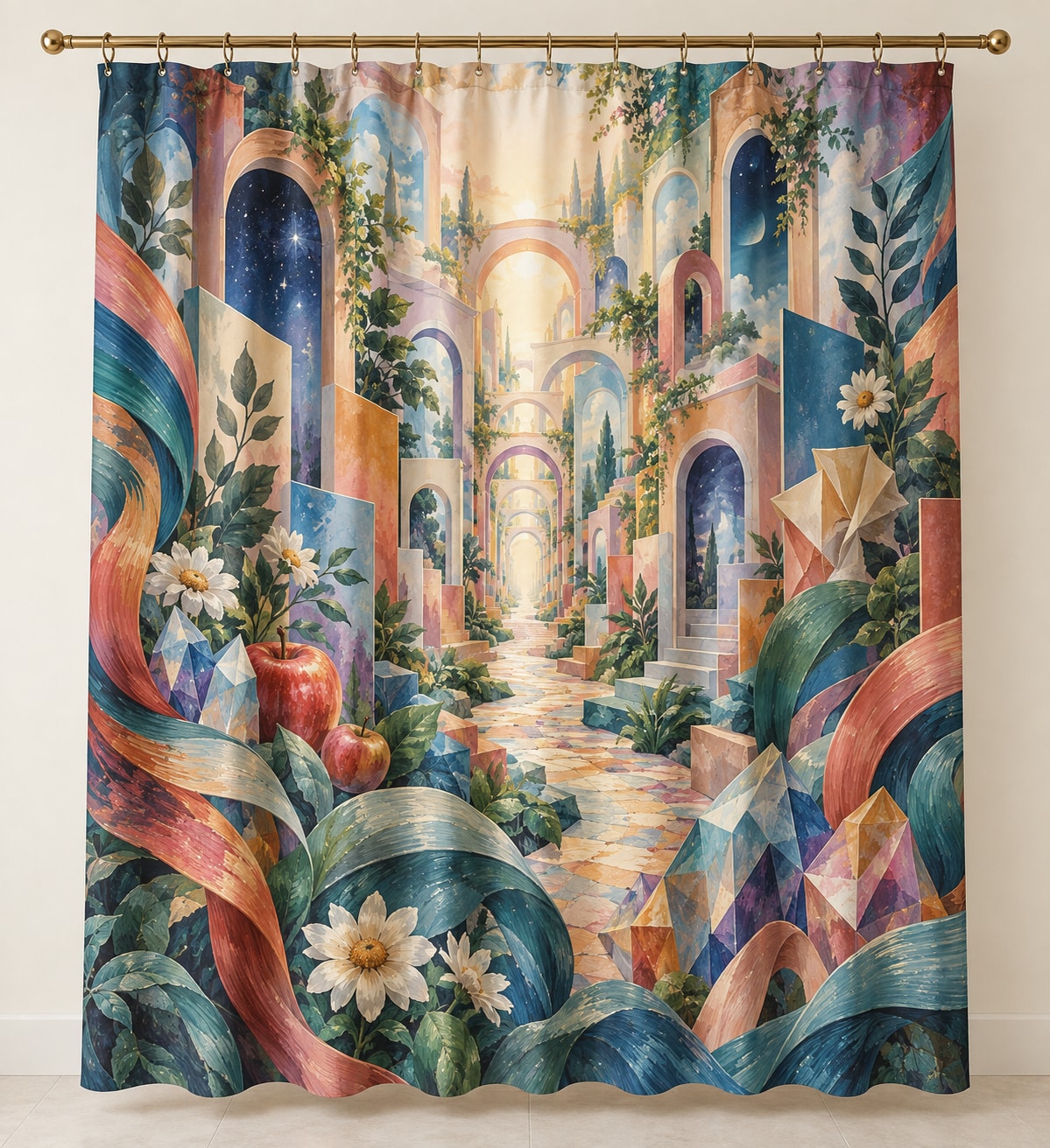 Chromatic Imagination Atelier Shower Curtain with dimensional printed themed artwork; representative AI-generated mockup.
