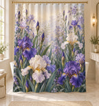 Iris Garden Shower Curtain with dimensional printed themed artwork; representative AI-generated mockup.