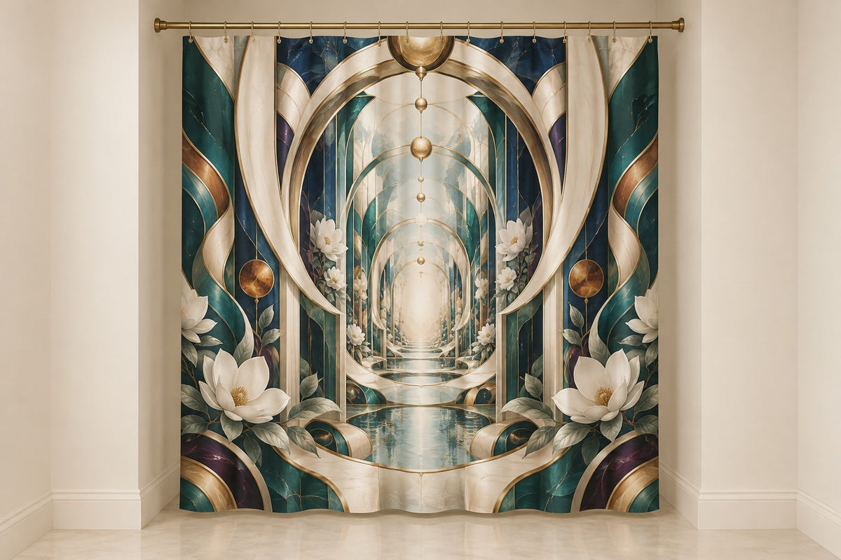 Equilibrium Ledger Atrium Shower Curtain with dimensional printed themed artwork; representative AI-generated mockup.