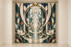 Equilibrium Ledger Atrium Shower Curtain with dimensional printed themed artwork; representative AI-generated mockup.