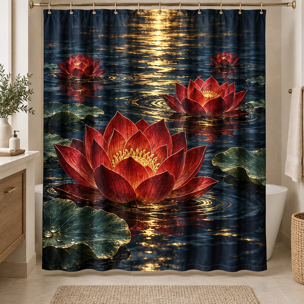 Red Lotus Mandala Shower Curtain with dimensional printed themed artwork; representative AI-generated mockup.