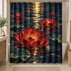 Red Lotus Mandala Shower Curtain with dimensional printed themed artwork; representative AI-generated mockup.