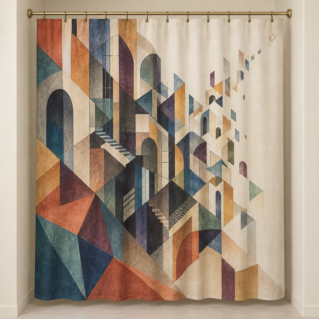 Inkline Cityfold Shower Curtain with dimensional printed themed artwork; representative AI-generated mockup.