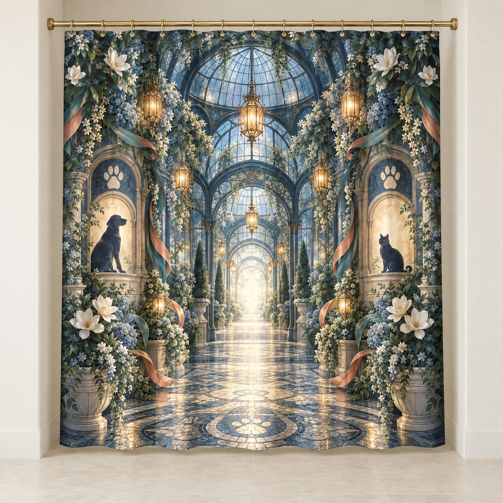 Vet Tech Lantern Conservatory Shower Curtain with dimensional printed themed artwork; representative AI-generated mockup.