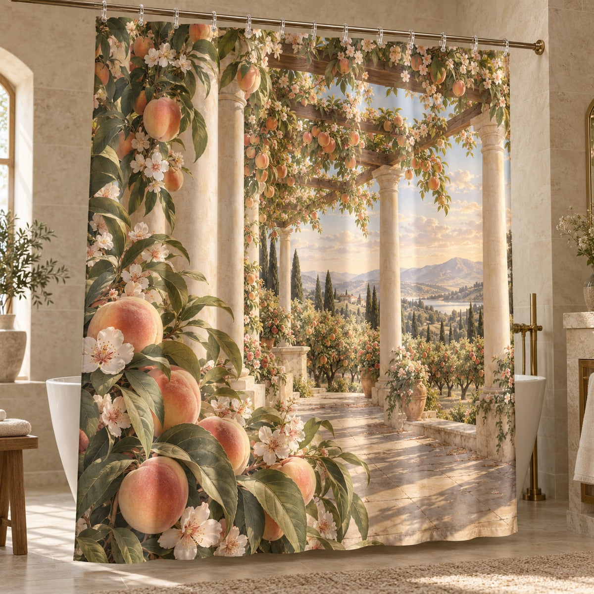 Peach Orchard Shower Curtain with dimensional printed themed artwork; representative AI-generated mockup.