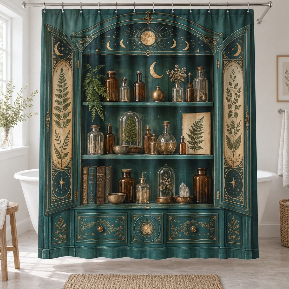 Alchemy Botanical Cabinet Shower Curtain with dimensional printed themed artwork; representative AI-generated mockup.