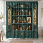 Alchemy Botanical Cabinet Shower Curtain with dimensional printed themed artwork; representative AI-generated mockup.