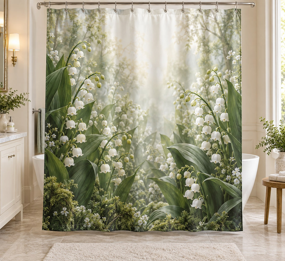 Lily of the Valley Shower Curtain with dimensional printed themed artwork; representative AI-generated mockup.