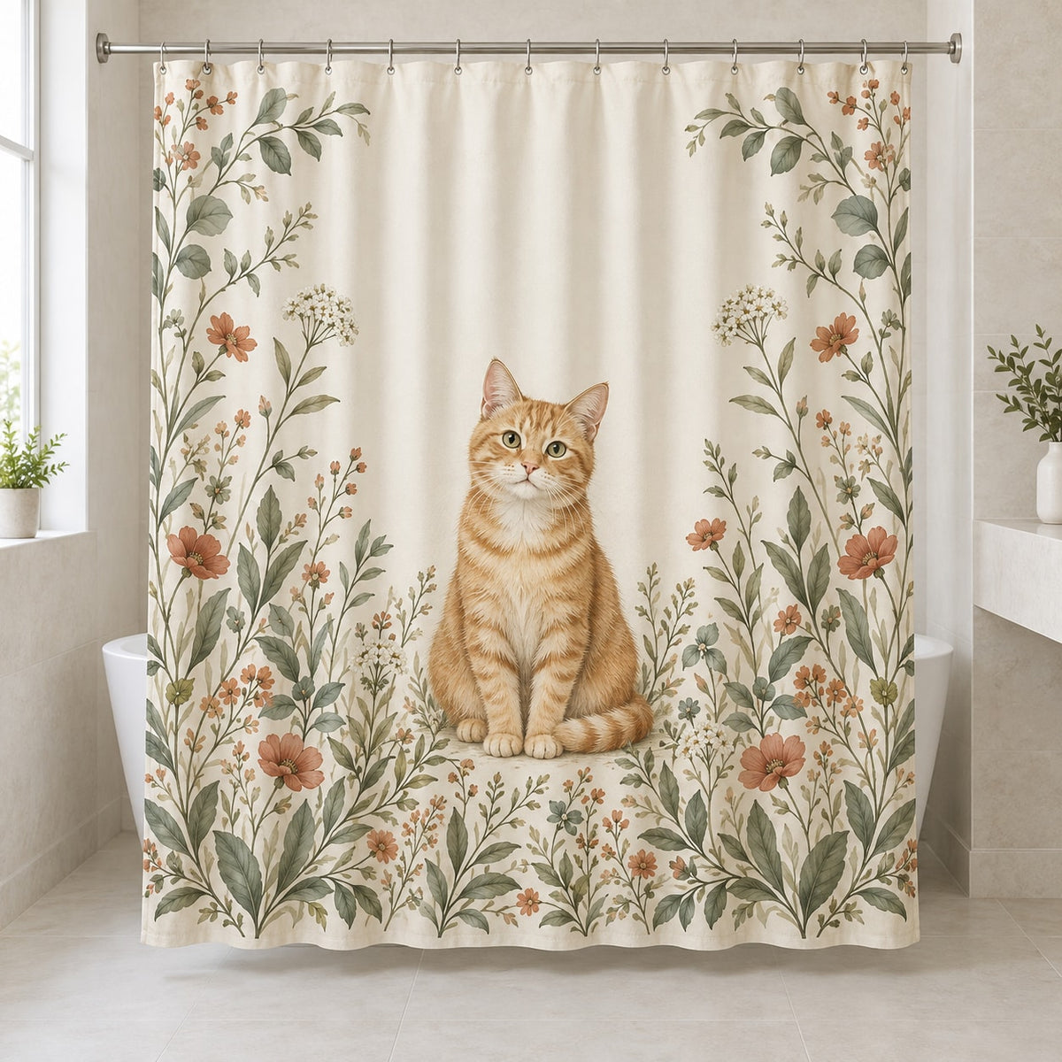 Orange Tabby Cat Companion Shower Curtain with dimensional printed themed artwork; representative AI-generated mockup.