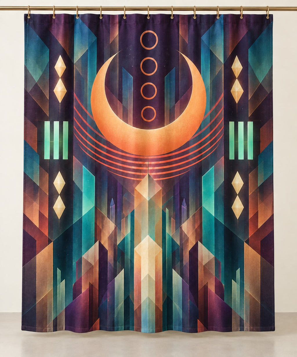 Croissant Dawn Parallax Shower Curtain with dimensional printed themed artwork; representative AI-generated mockup.