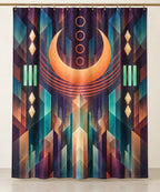 Croissant Dawn Parallax Shower Curtain with dimensional printed themed artwork; representative AI-generated mockup.