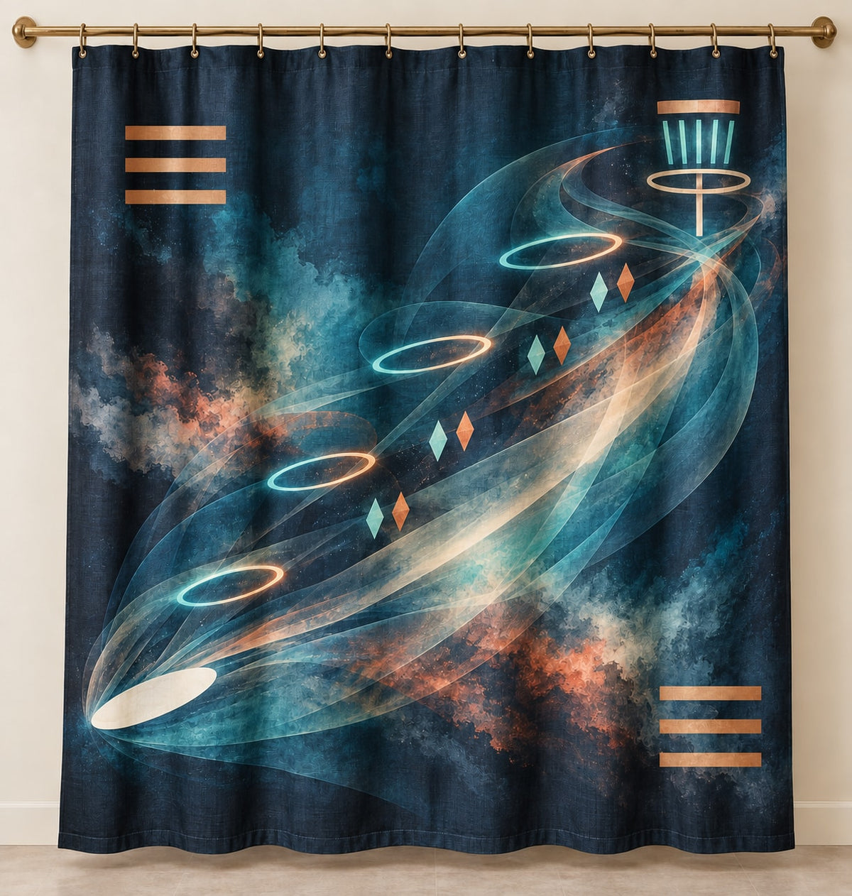 Aerochain Meridian Shower Curtain with dimensional printed themed artwork; representative AI-generated mockup.