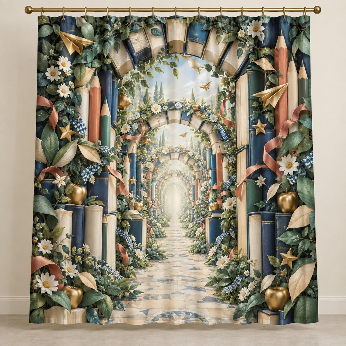 Elementary Learning Garden Shower Curtain with dimensional printed themed artwork; representative AI-generated mockup.