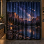 Meteor Shower Shower Curtain with dimensional printed themed artwork; representative AI-generated mockup.