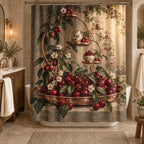 Cherry Kitchen Shower Curtain with dimensional printed themed artwork; representative AI-generated mockup.