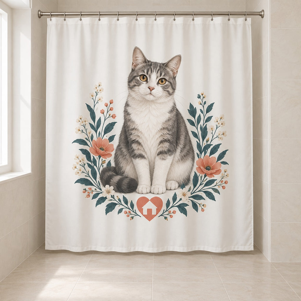 Rescue Cat Advocate Shower Curtain with dimensional printed themed artwork; representative AI-generated mockup.
