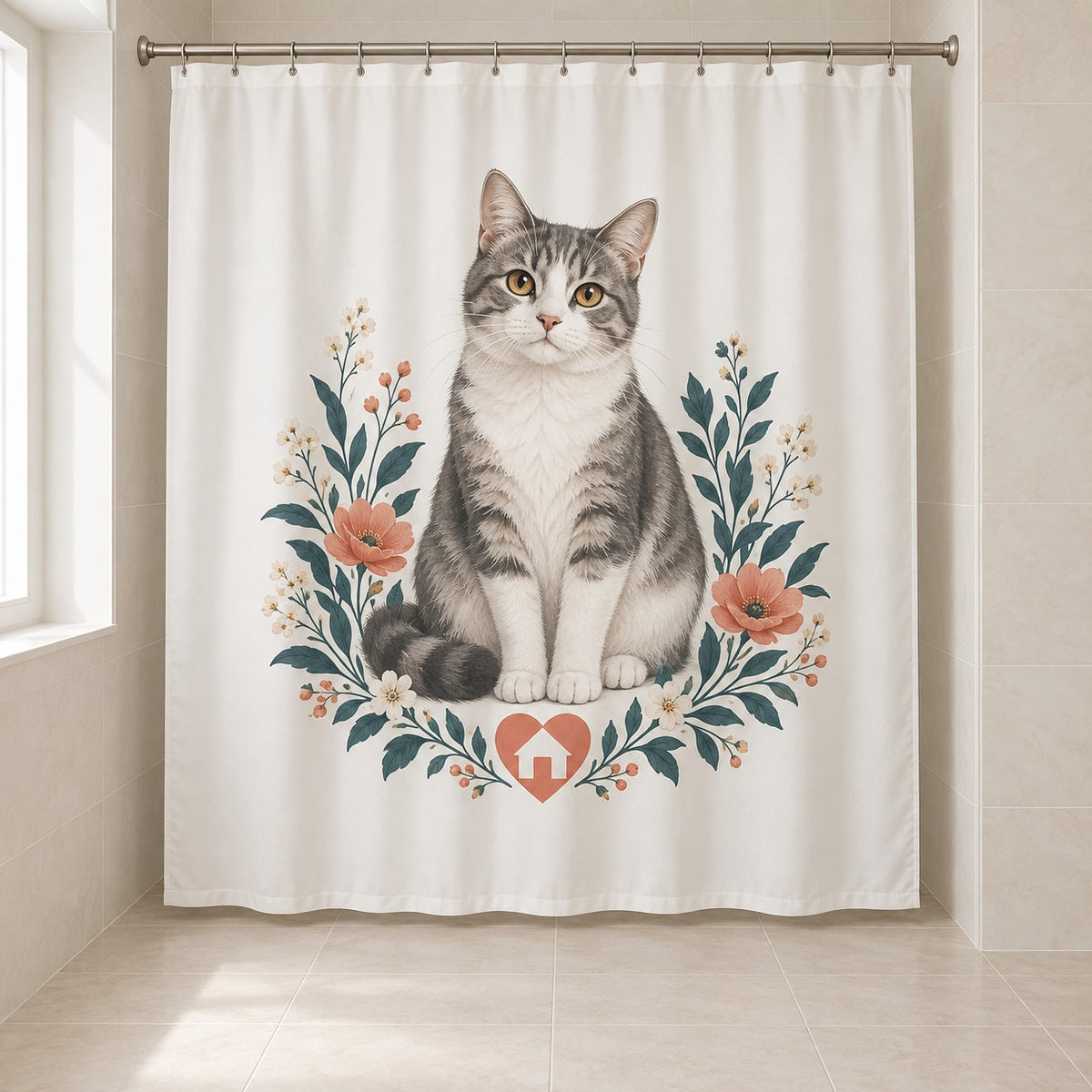 Rescue Cat Advocate Shower Curtain with dimensional printed themed artwork; representative AI-generated mockup.