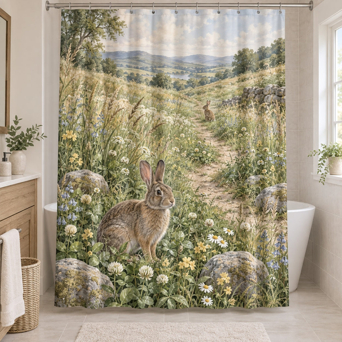 Rabbit Meadow Shower Curtain with dimensional printed themed artwork; representative AI-generated mockup.