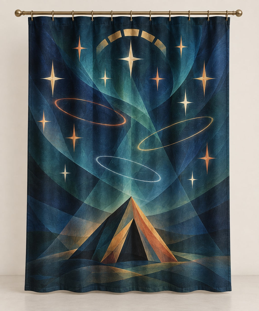 Nightglass Camp Observatory Shower Curtain with dimensional printed themed artwork; representative AI-generated mockup.