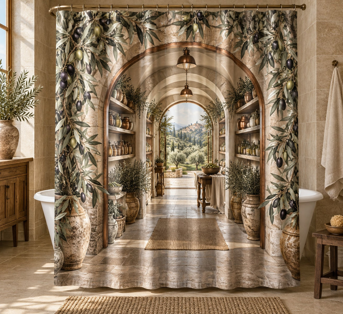 Olive Branch Pantry Shower Curtain with dimensional printed themed artwork; representative AI-generated mockup.