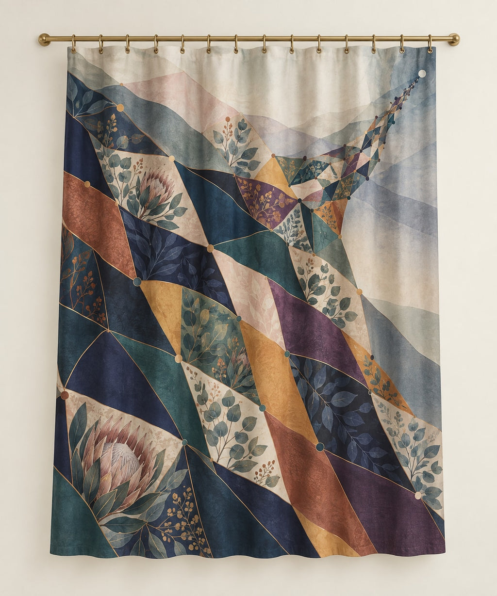 Prismatic Quiltwork Cascade Shower Curtain with dimensional printed themed artwork; representative AI-generated mockup.