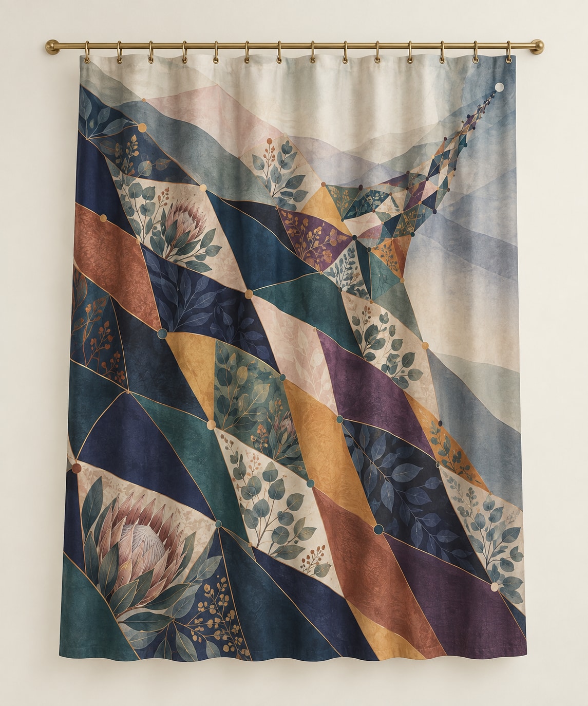 Prismatic Quiltwork Cascade Shower Curtain with dimensional printed themed artwork; representative AI-generated mockup.