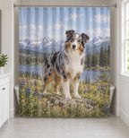 Australian Shepherd Shower Curtain with dimensional printed themed artwork; representative AI-generated mockup.