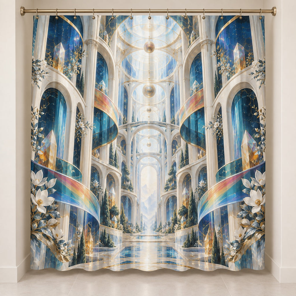 Laboratory Discovery Atrium Shower Curtain with dimensional printed themed artwork; representative AI-generated mockup.