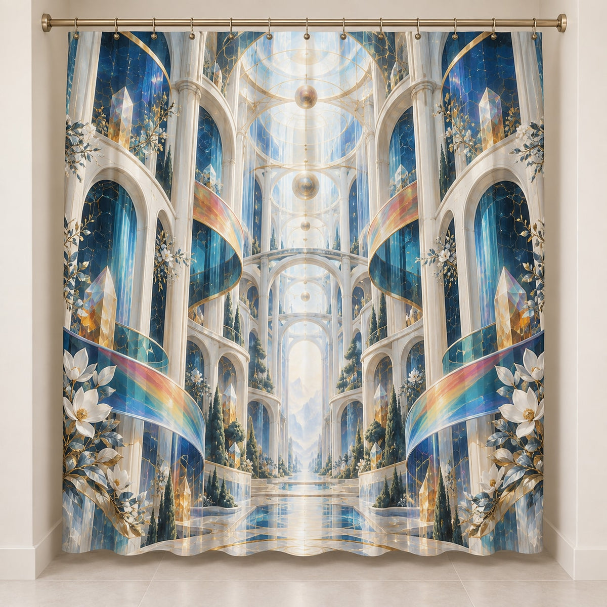 Laboratory Discovery Atrium Shower Curtain with dimensional printed themed artwork; representative AI-generated mockup.