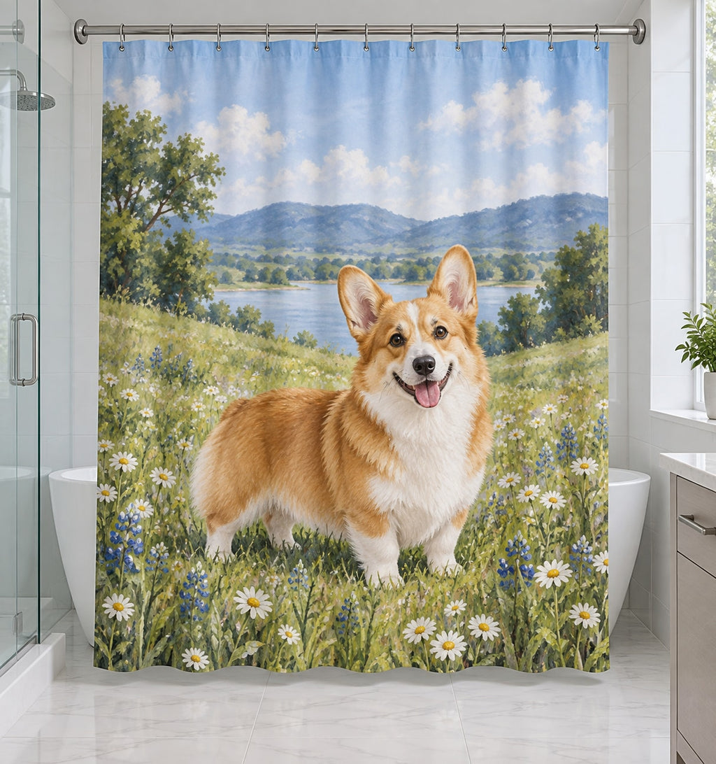 Corgi Shower Curtain with dimensional printed themed artwork; representative AI-generated mockup.