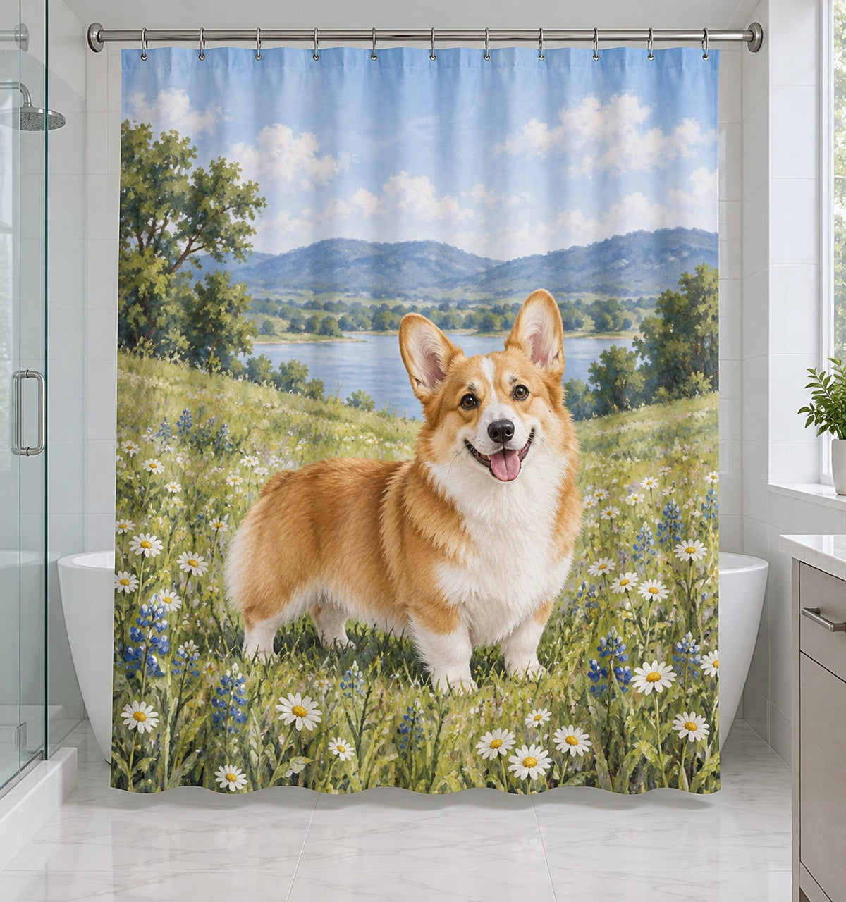 Corgi Shower Curtain with dimensional printed themed artwork; representative AI-generated mockup.