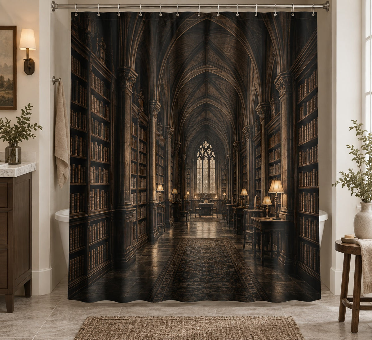 Dark Academia Library Shower Curtain with dimensional printed themed artwork; representative AI-generated mockup.