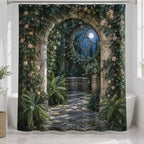 Secret Garden Library Shower Curtain with dimensional printed themed artwork; representative AI-generated mockup.