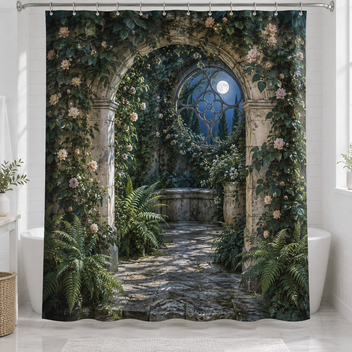 Secret Garden Library Shower Curtain with dimensional printed themed artwork; representative AI-generated mockup.