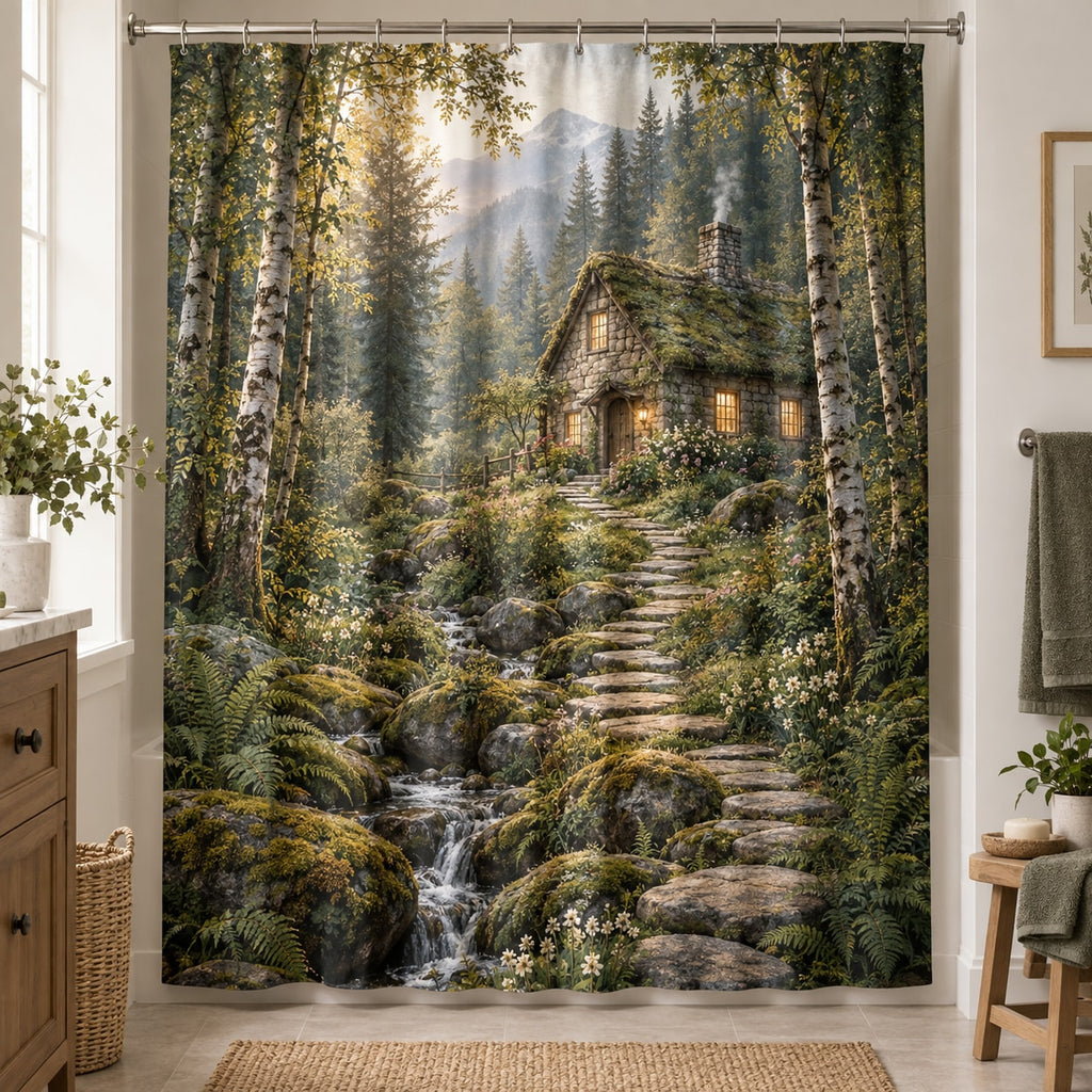 Woodland Cottage Shower Curtain with dimensional printed themed artwork; representative AI-generated mockup.