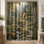 Woodland Cottage Shower Curtain with dimensional printed themed artwork; representative AI-generated mockup.