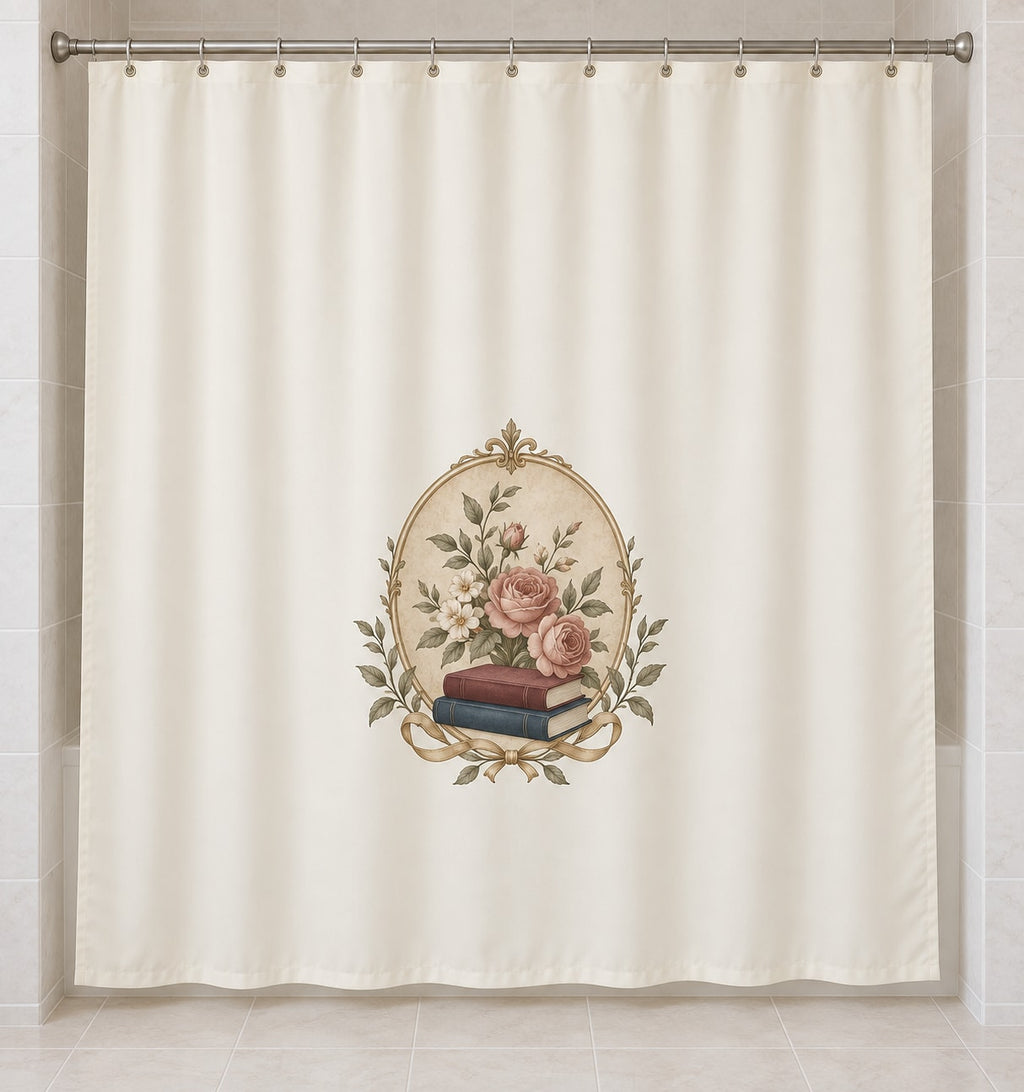 Antique Library Rose Shower Curtain with dimensional printed themed artwork; representative AI-generated mockup.
