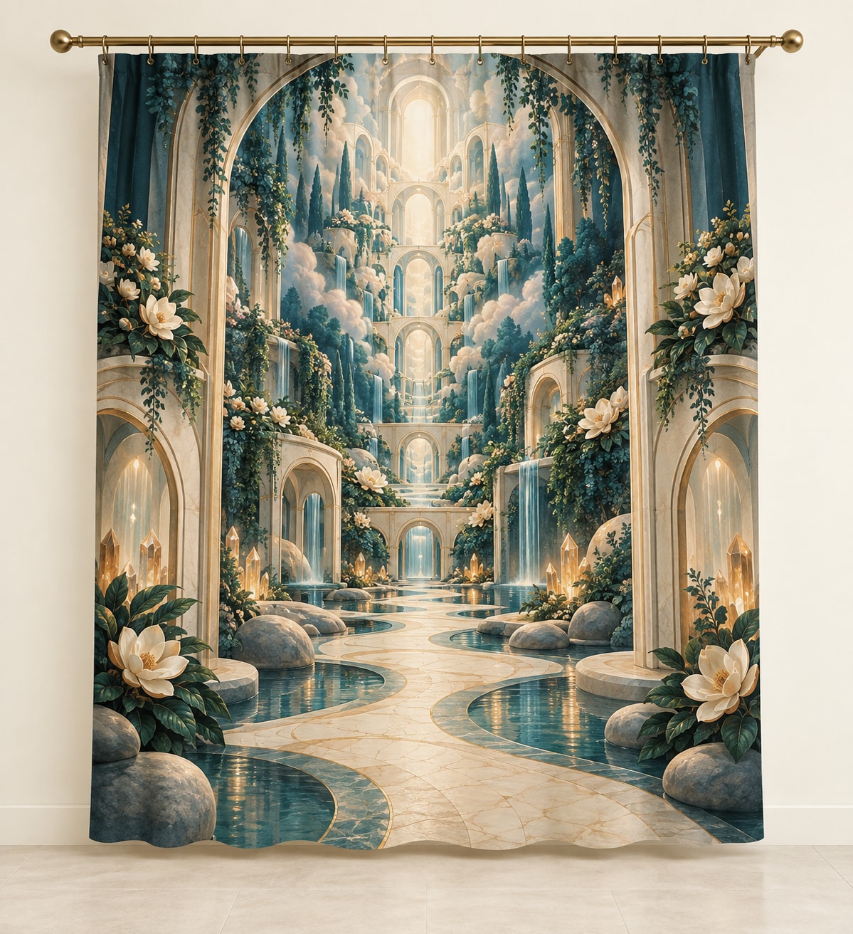 Empathy Pathway Sanctuary Shower Curtain with dimensional printed themed artwork; representative AI-generated mockup.