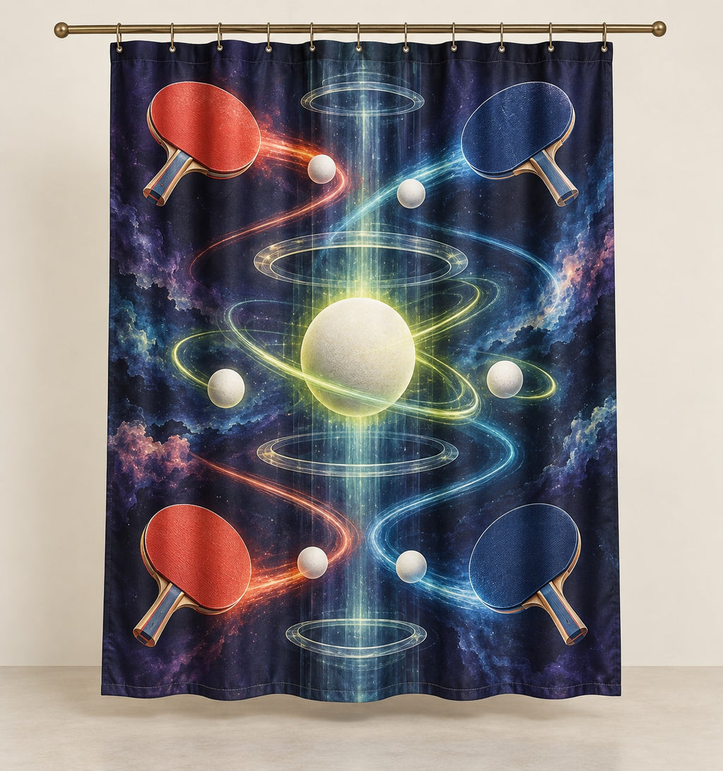 Spinvector Rally Observatory Shower Curtain with dimensional printed themed artwork; representative AI-generated mockup.