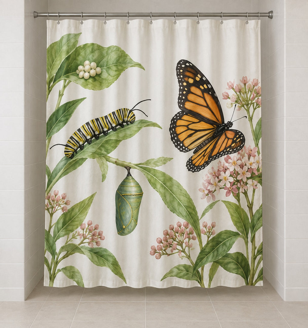 Butterfly Life Stages Shower Curtain with dimensional printed themed artwork; representative AI-generated mockup.