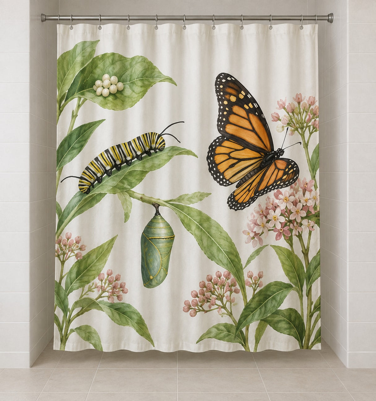 Butterfly Life Stages Shower Curtain with dimensional printed themed artwork; representative AI-generated mockup.