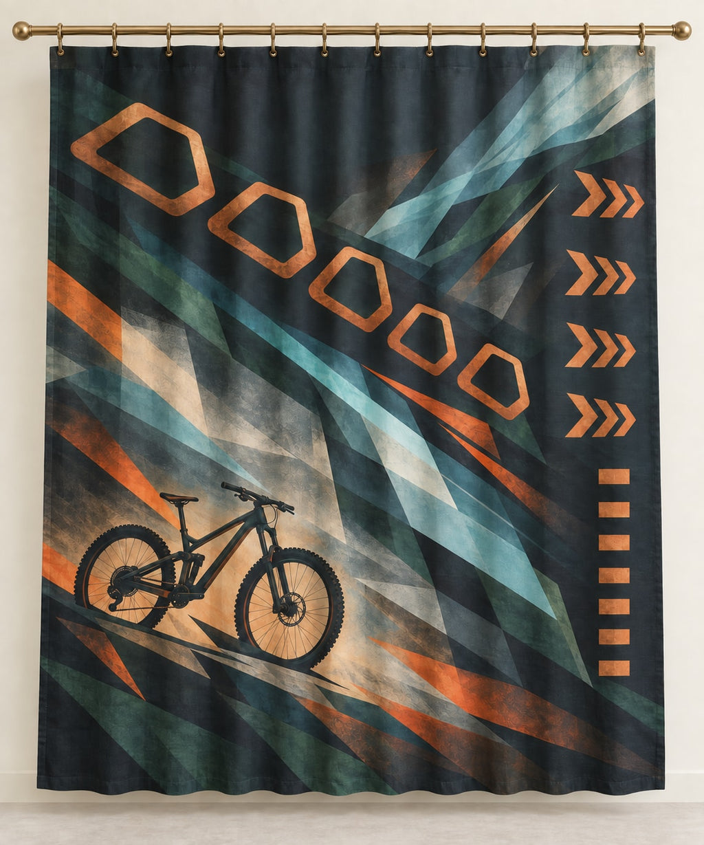 Switchback Ember Traverse Shower Curtain with dimensional printed themed artwork; representative AI-generated mockup.