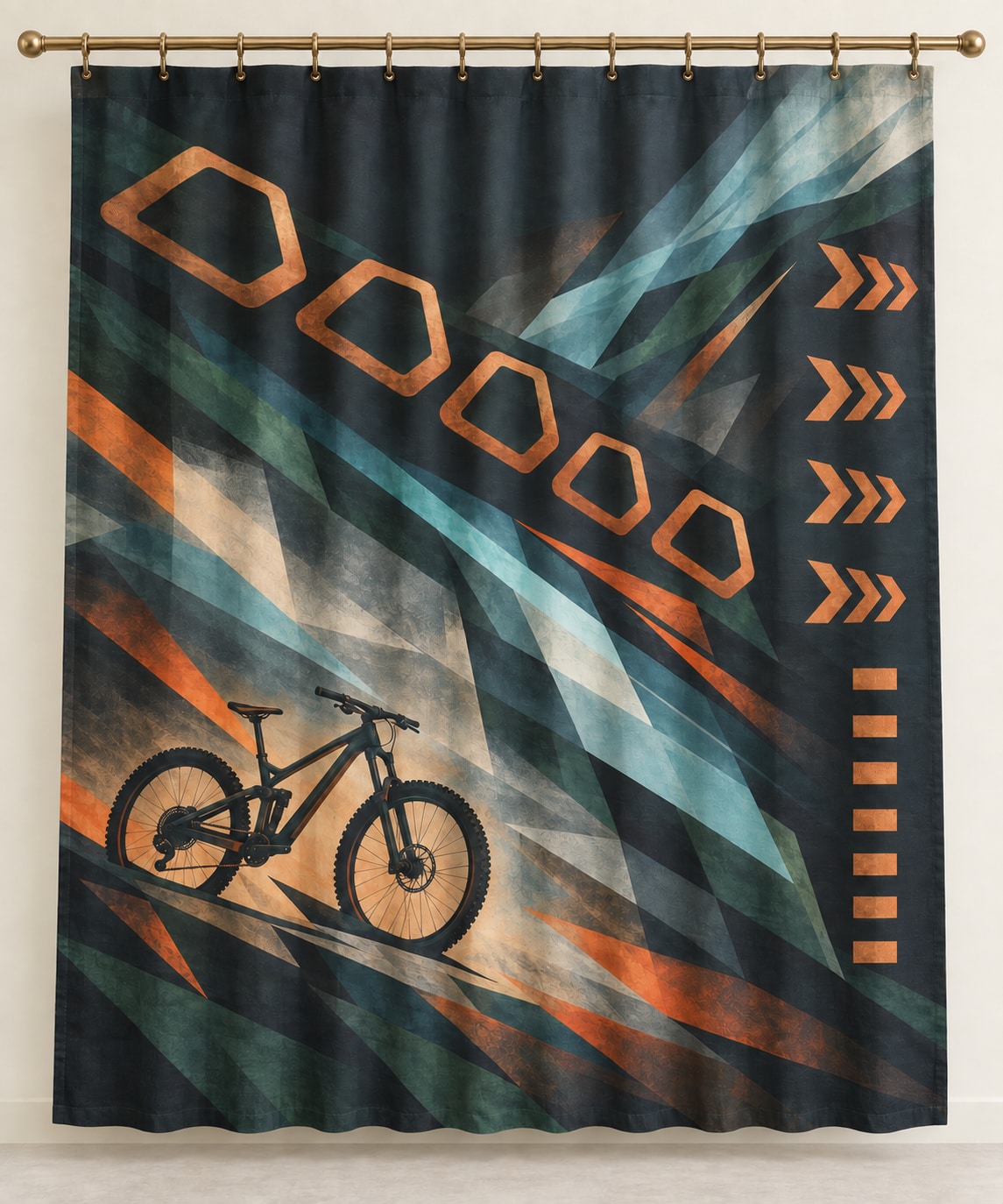 Switchback Ember Traverse Shower Curtain with dimensional printed themed artwork; representative AI-generated mockup.