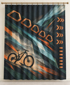 Switchback Ember Traverse Shower Curtain with dimensional printed themed artwork; representative AI-generated mockup.