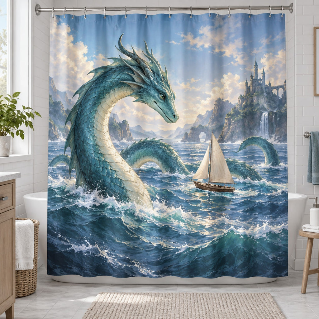 Sea Serpent Voyage Shower Curtain with dimensional printed themed artwork; representative AI-generated mockup.
