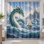 Sea Serpent Voyage Shower Curtain with dimensional printed themed artwork; representative AI-generated mockup.